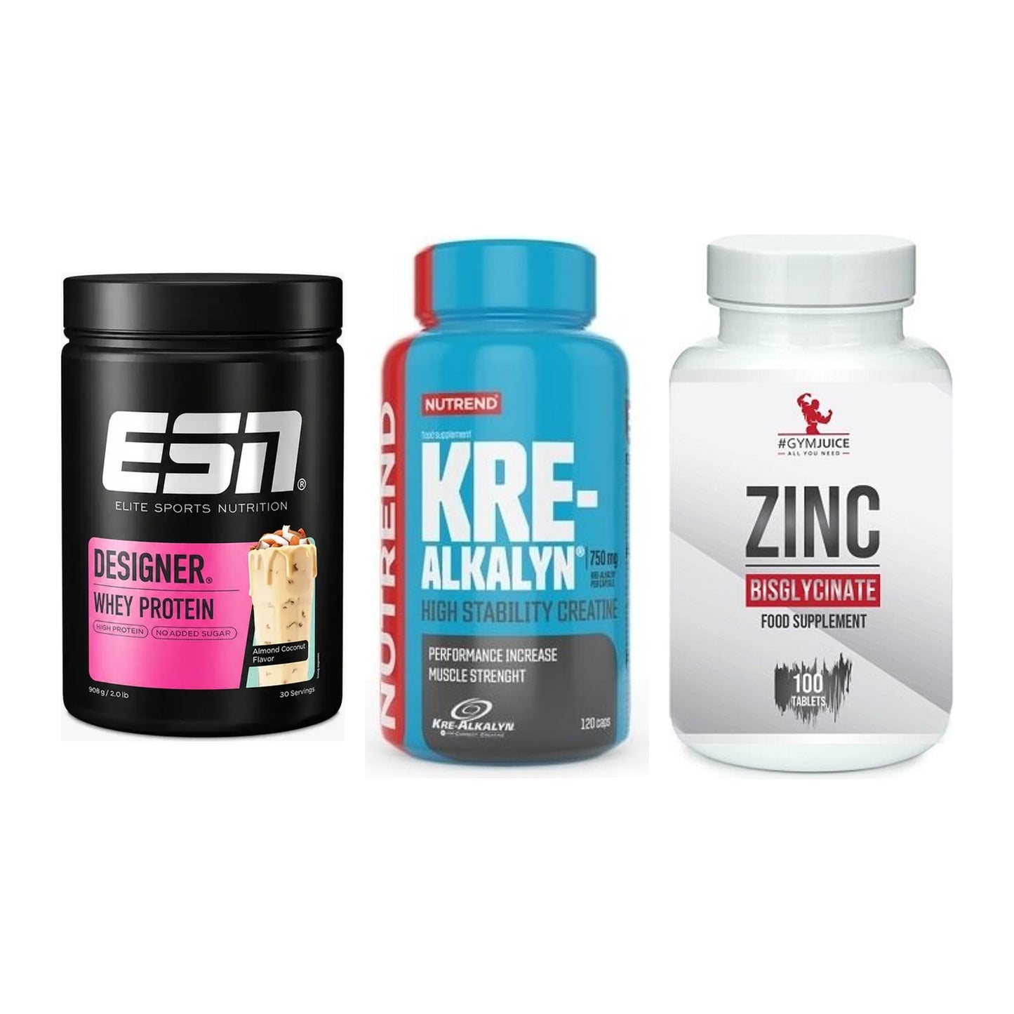 Einsteiger-Set: ESN Designer + Nutrend Kre-Alka + #GYMJUICE ZINC – alle enthaltenen Artikel