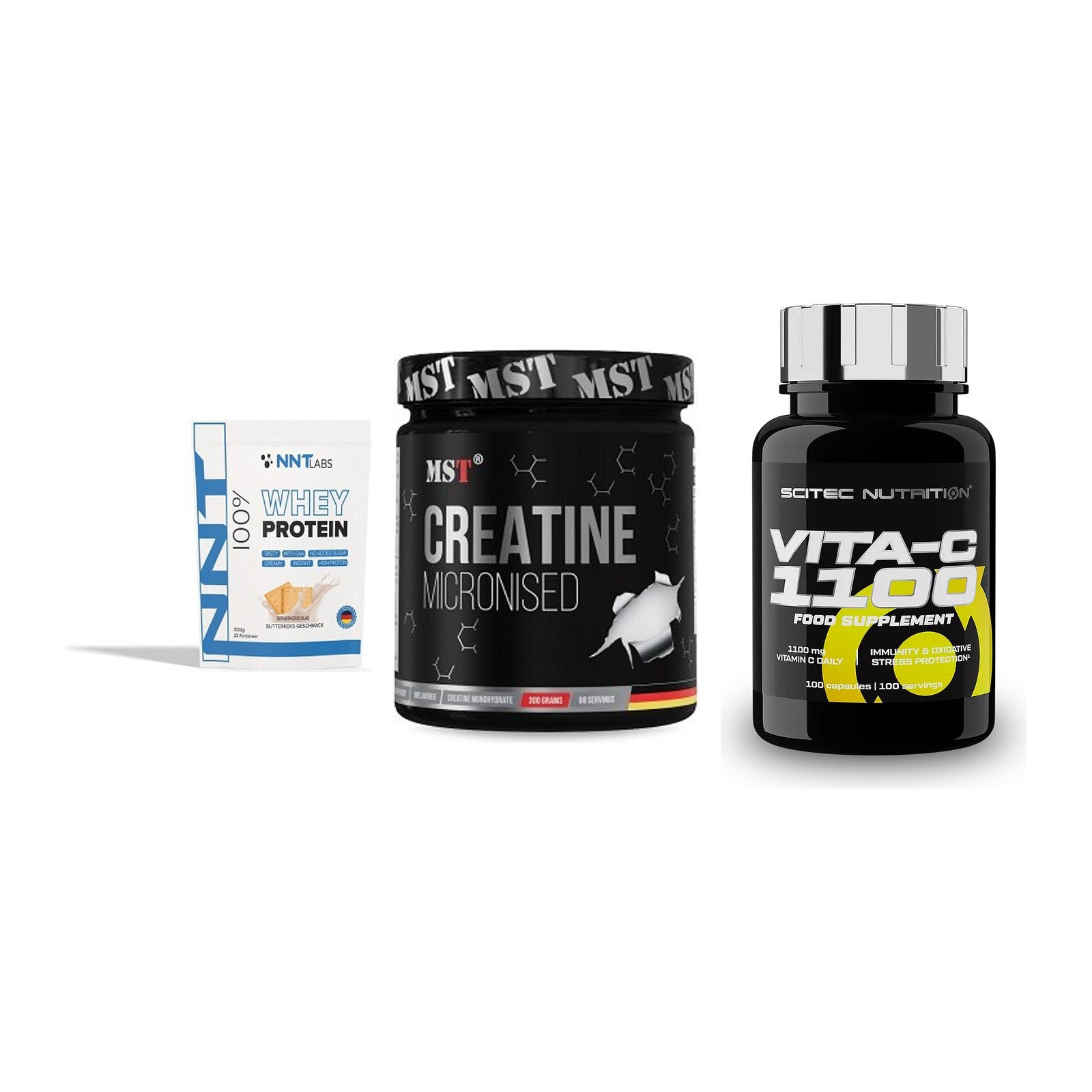 Einsteiger-Set: NNT Whey + MST Creatin + Scitec Vitamin C – alle enthaltenen Artikel
