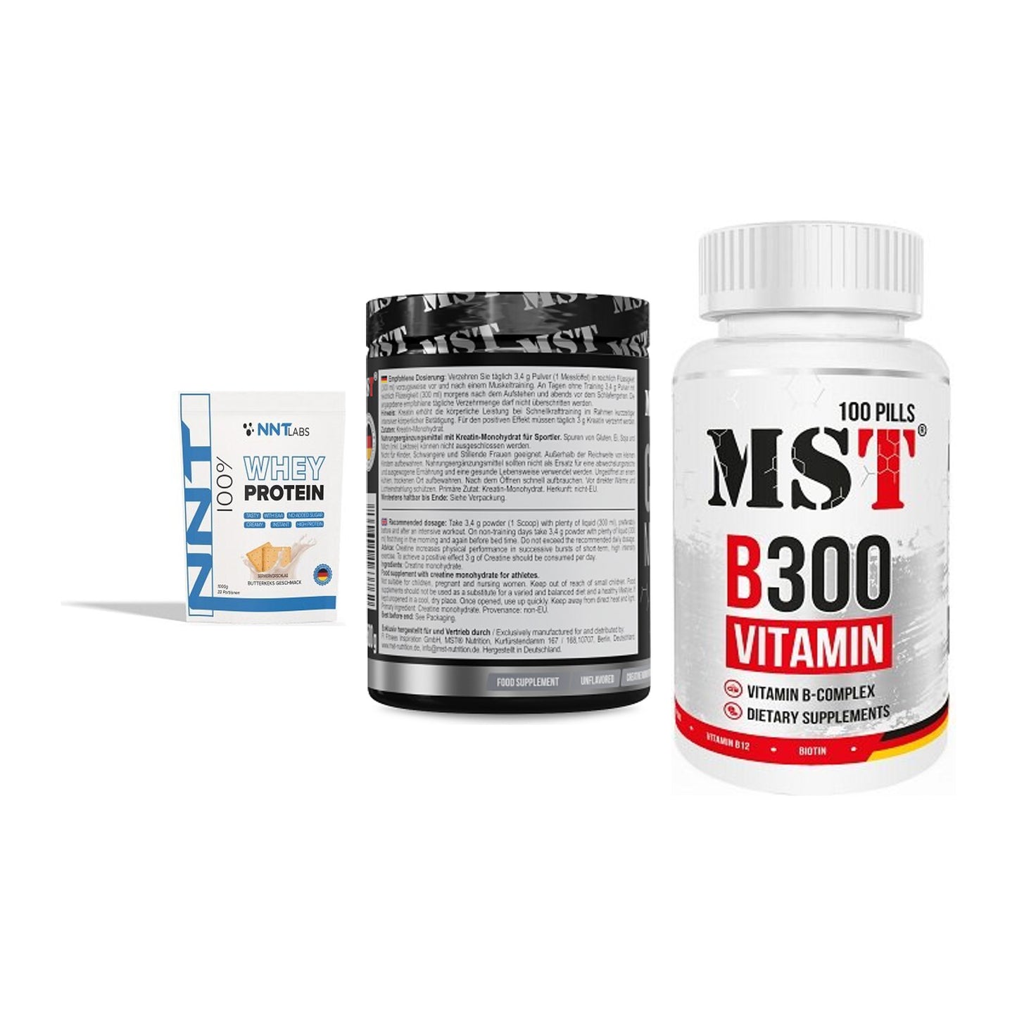 Einsteiger-Set: NNT Whey + MST Creatin + MST B300 B-Compl – alle enthaltenen Artikel