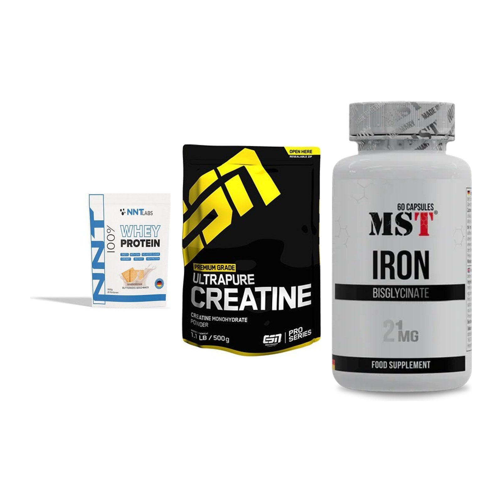 Einsteiger-Set: NNT Whey + ESN Ultrapure + MST Iron Bisglyc – alle enthaltenen Artikel