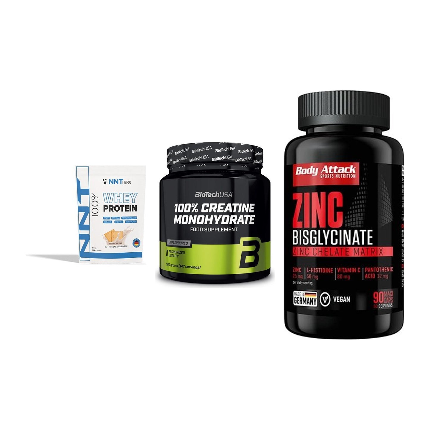 Einsteiger-Set: NNT Whey + BioTech Creatine + Body Attack Zink – alle enthaltenen Artikel