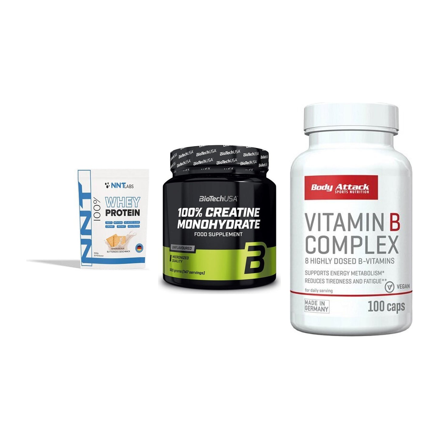 Einsteiger-Set: NNT Whey + BioTech Creatine + Body Attack – alle enthaltenen Artikel