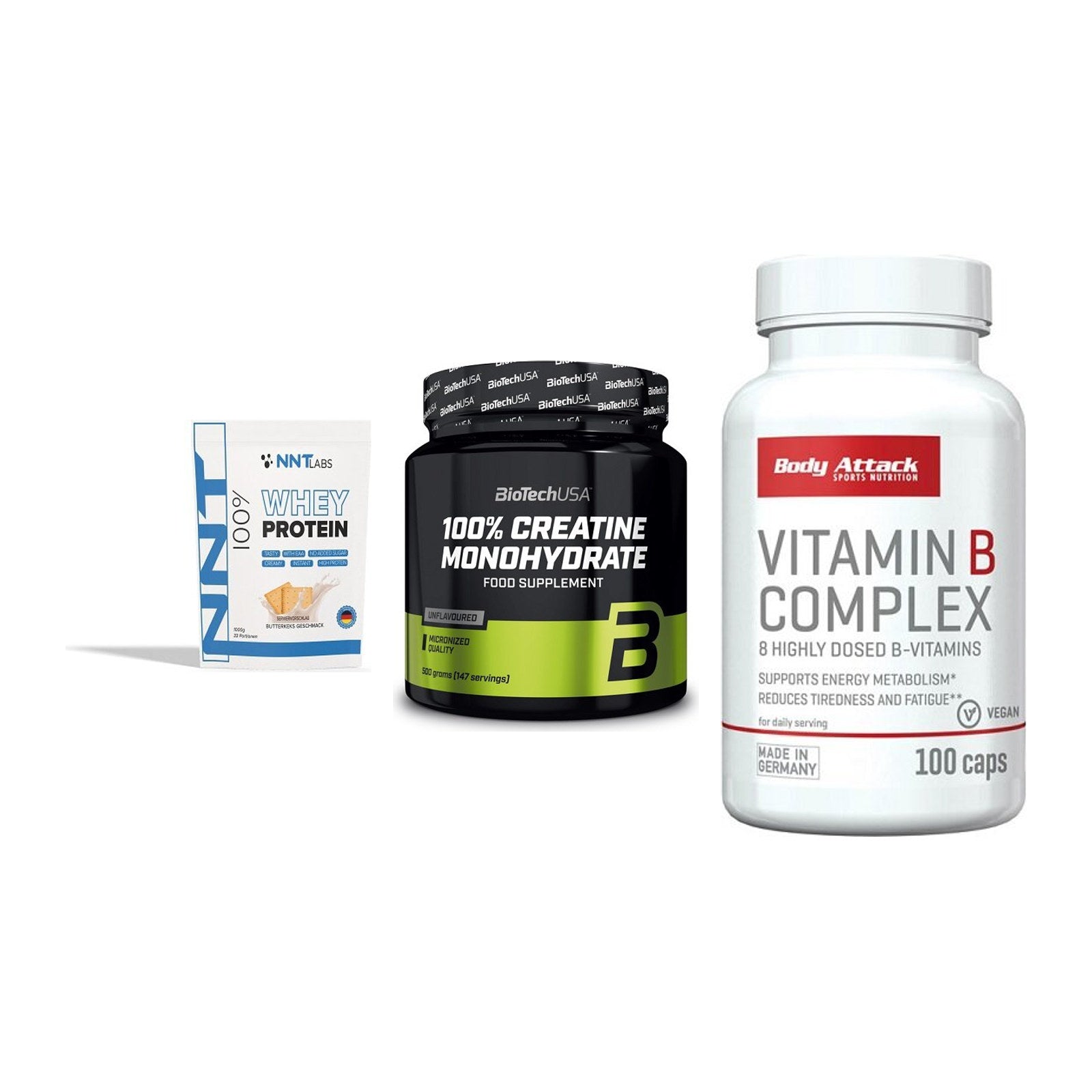 Einsteiger-Set: NNT Whey + BioTech Creatine + Body Attack – alle enthaltenen Artikel