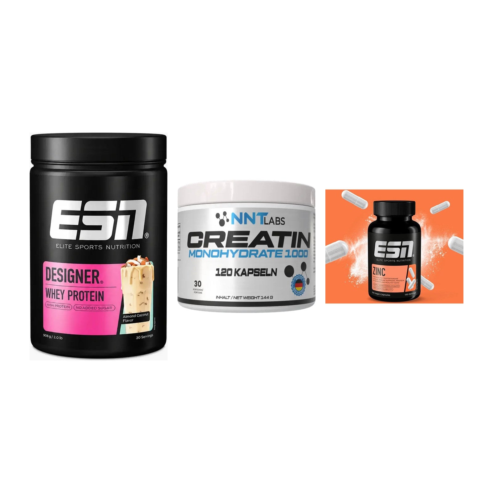 Einsteiger-Set: ESN Designer Whey + NNT Creatin 1000 mg + ESN Zinc – alle enthaltenen Artikel