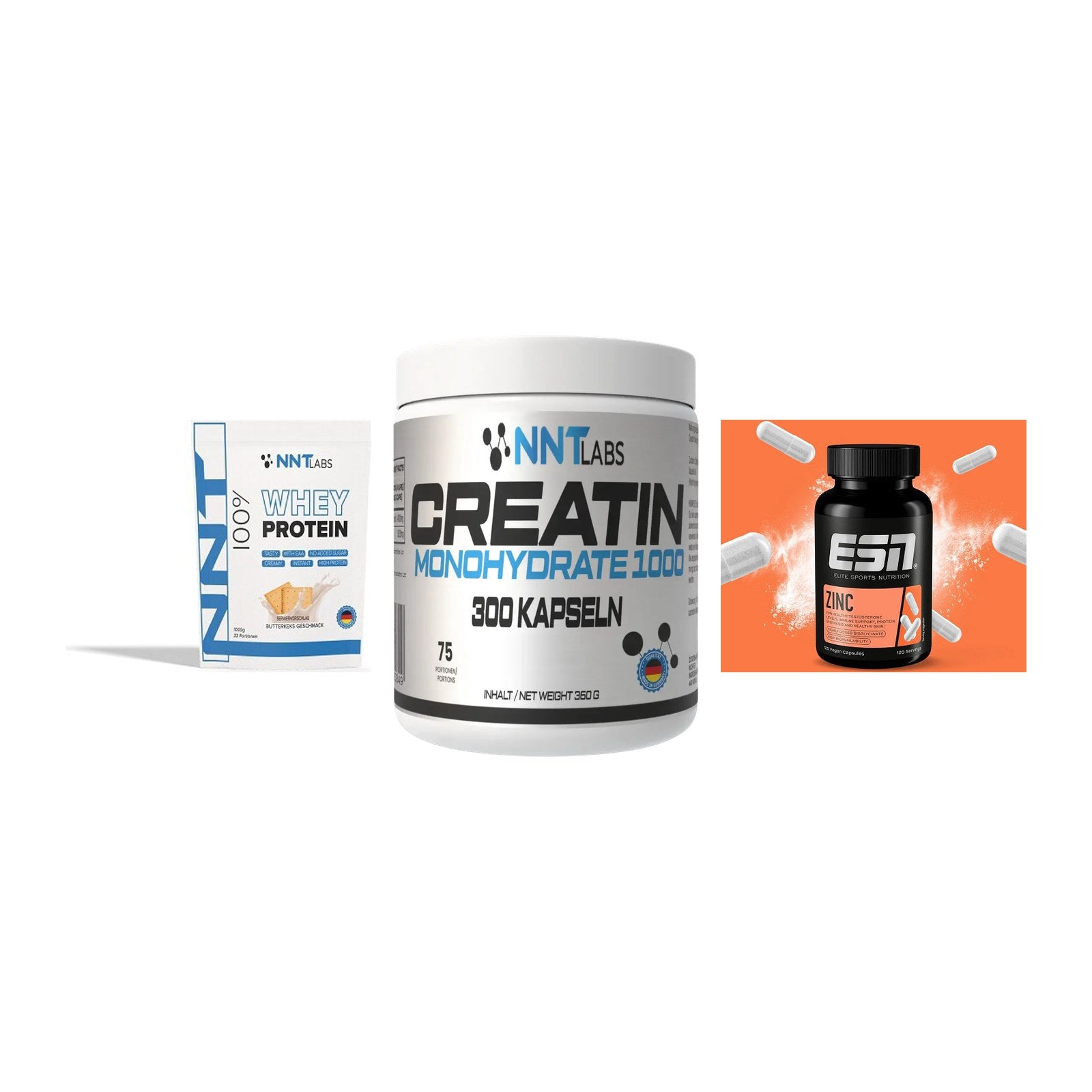 Einsteiger-Set: NNT Whey + NNT Creatin 1000 mg + ESN Zinc – alle enthaltenen Artikel