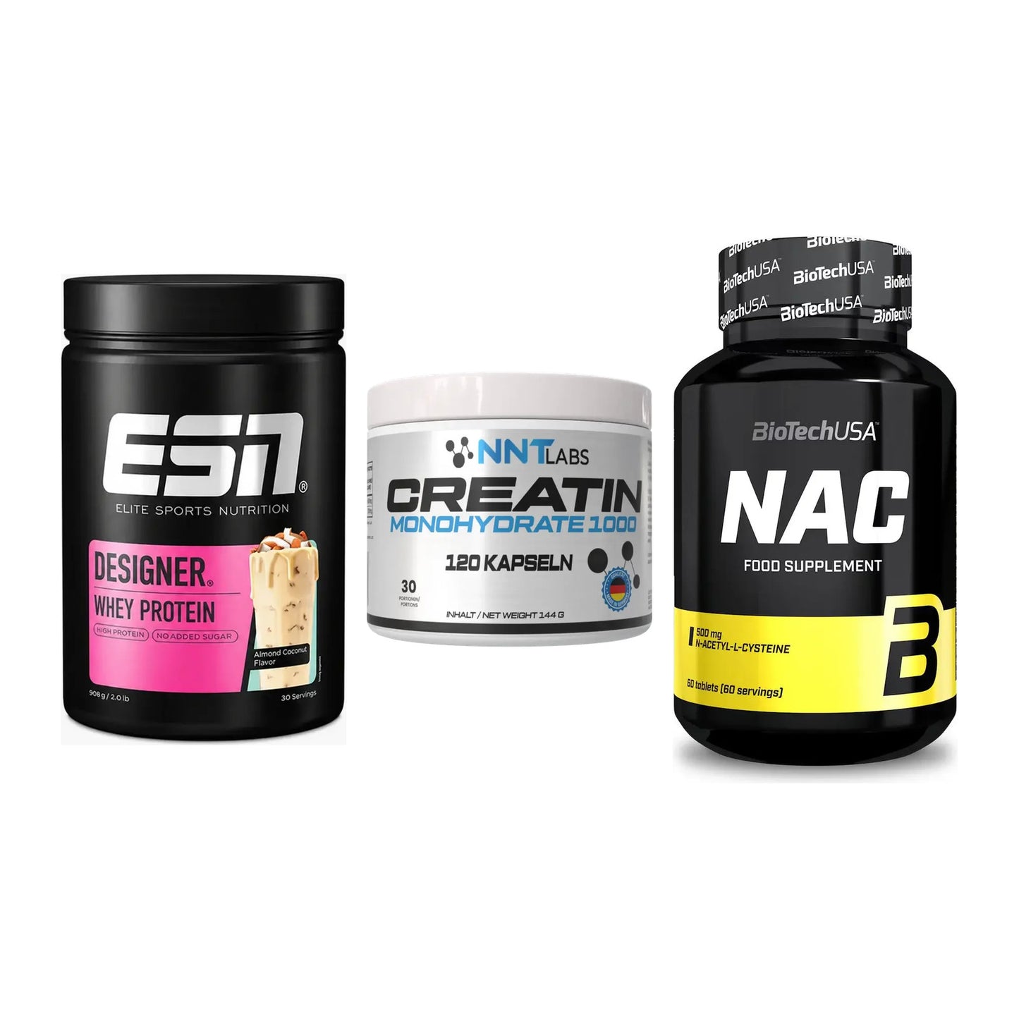 Einsteiger-Set: ESN Designer Whey + NNT Creatin 1000 mg + BioTech NAC – alle enthaltenen Artikel