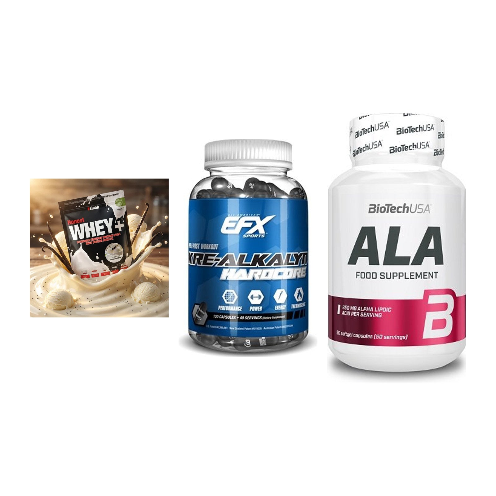Einsteiger-Set: Sinob Honest + EFX Kre-Alkalyn + BioTech ALA – alle enthaltenen Artikel