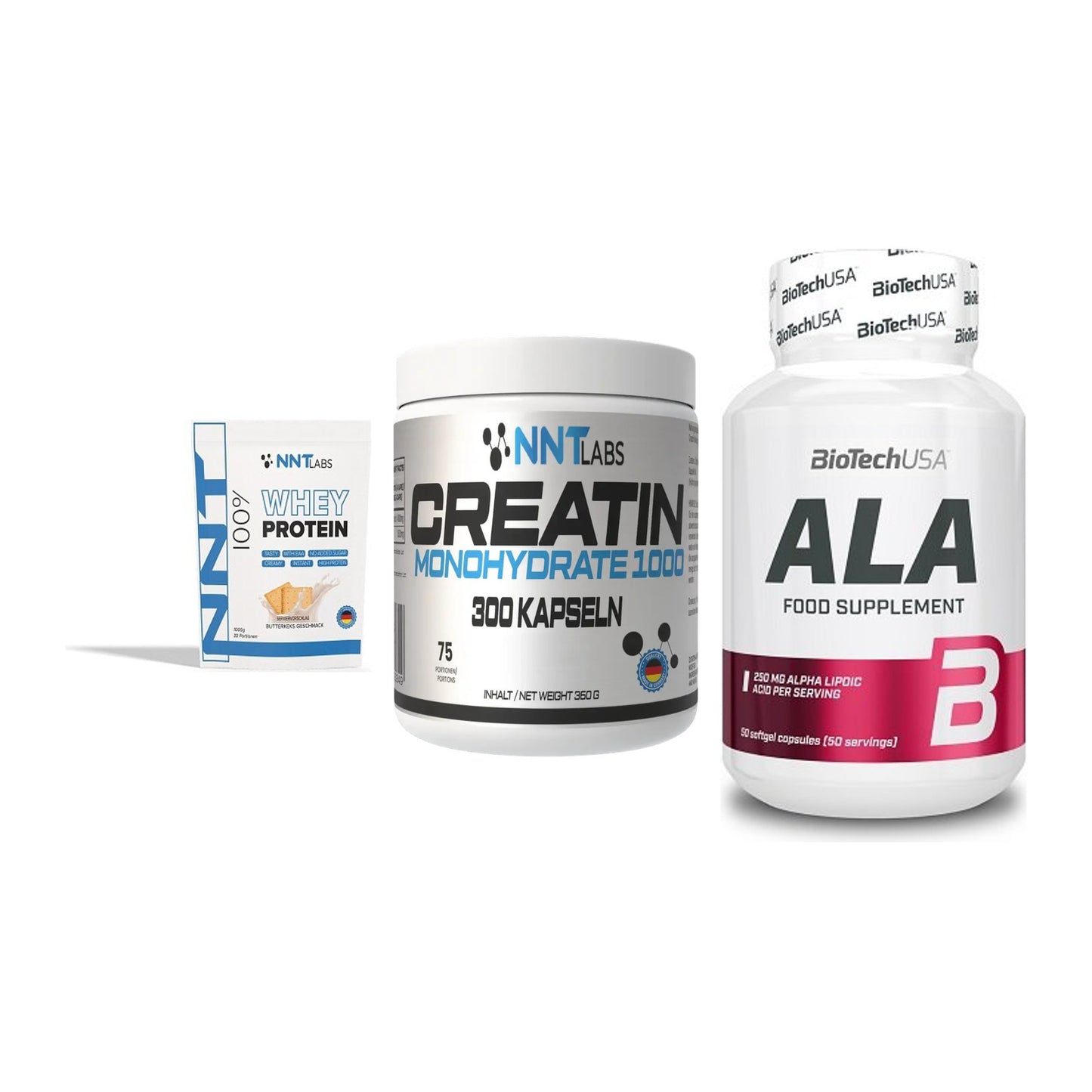 Einsteiger-Set: NNT Whey + NNT Creatin 1000 + BioTech ALA – alle enthaltenen Artikel