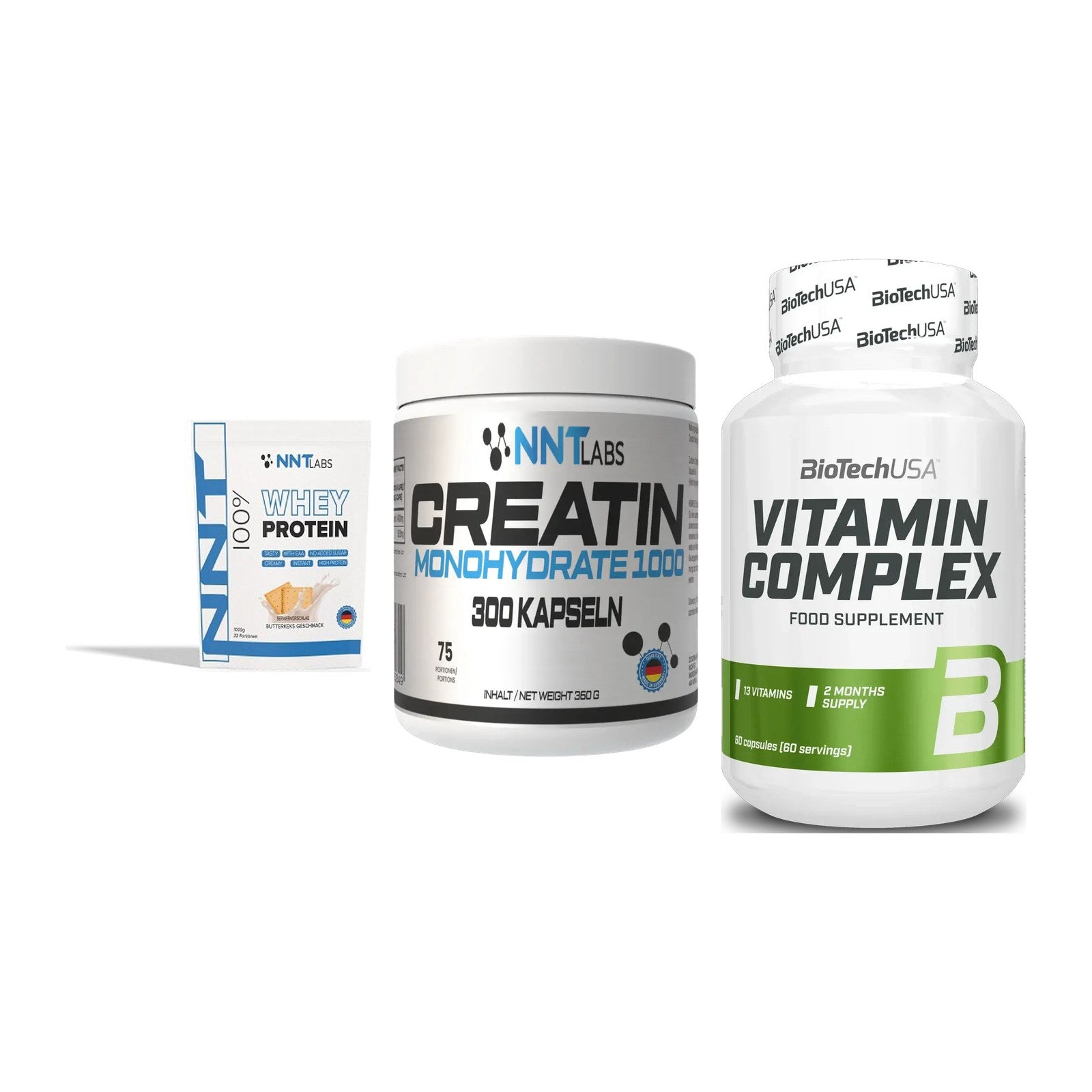 Einsteiger-Set: NNT Whey + NNT Creatin 1000 + BioTech Vitamin – alle enthaltenen Artikel