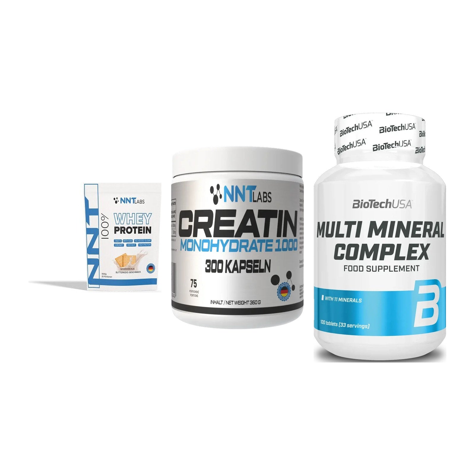 Einsteiger-Set: NNT Whey + NNT Creatin 1000 + BioTech Multi – alle enthaltenen Artikel