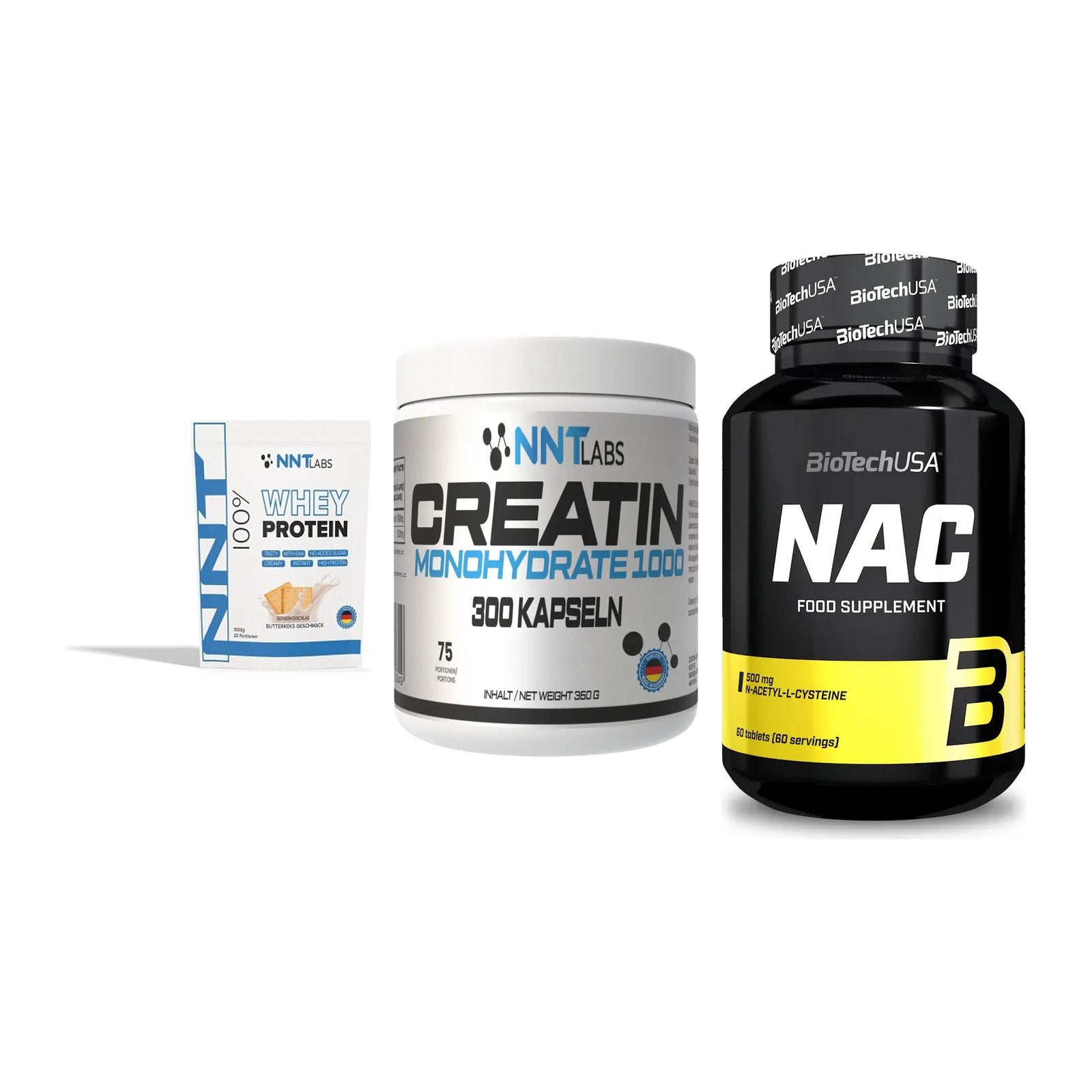 Einsteiger-Set: NNT Whey + NNT Creatin 1000 mg + BioTech NAC – alle enthaltenen Artikel