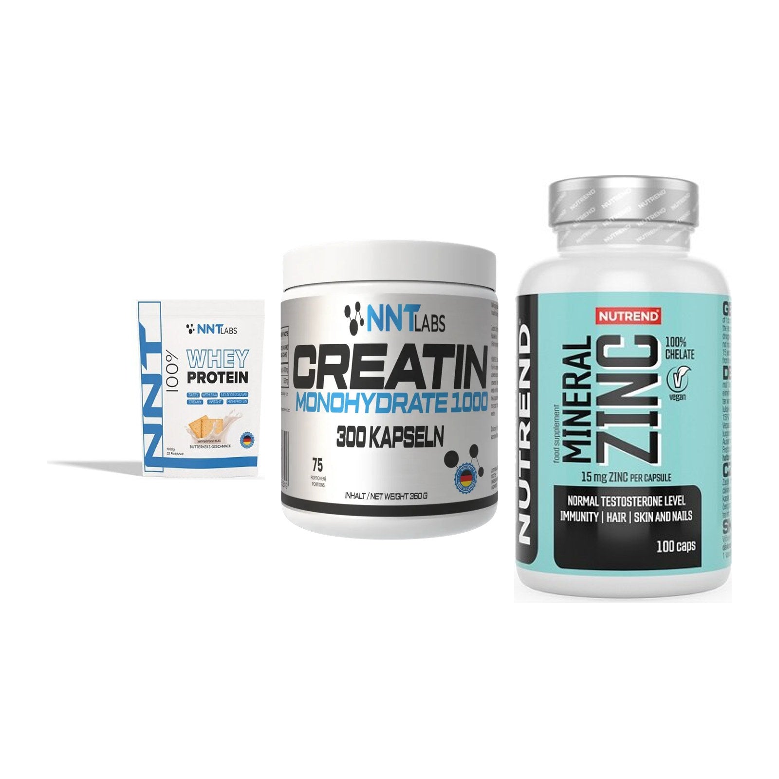 Einsteiger-Set: NNT Whey + NNT Creatin 1000 + Nutrend Zinc – alle enthaltenen Artikel
