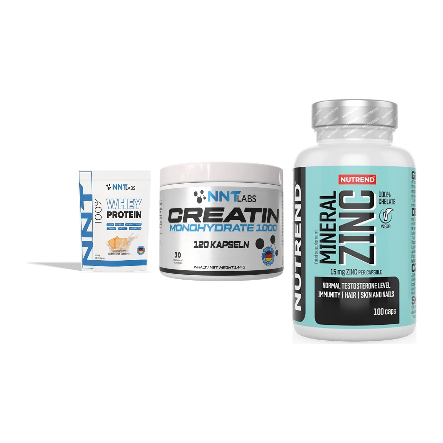 Einsteiger-Set: NNT Whey + NNT Creatin 1000 + Nutrend Zinc – alle enthaltenen Artikel