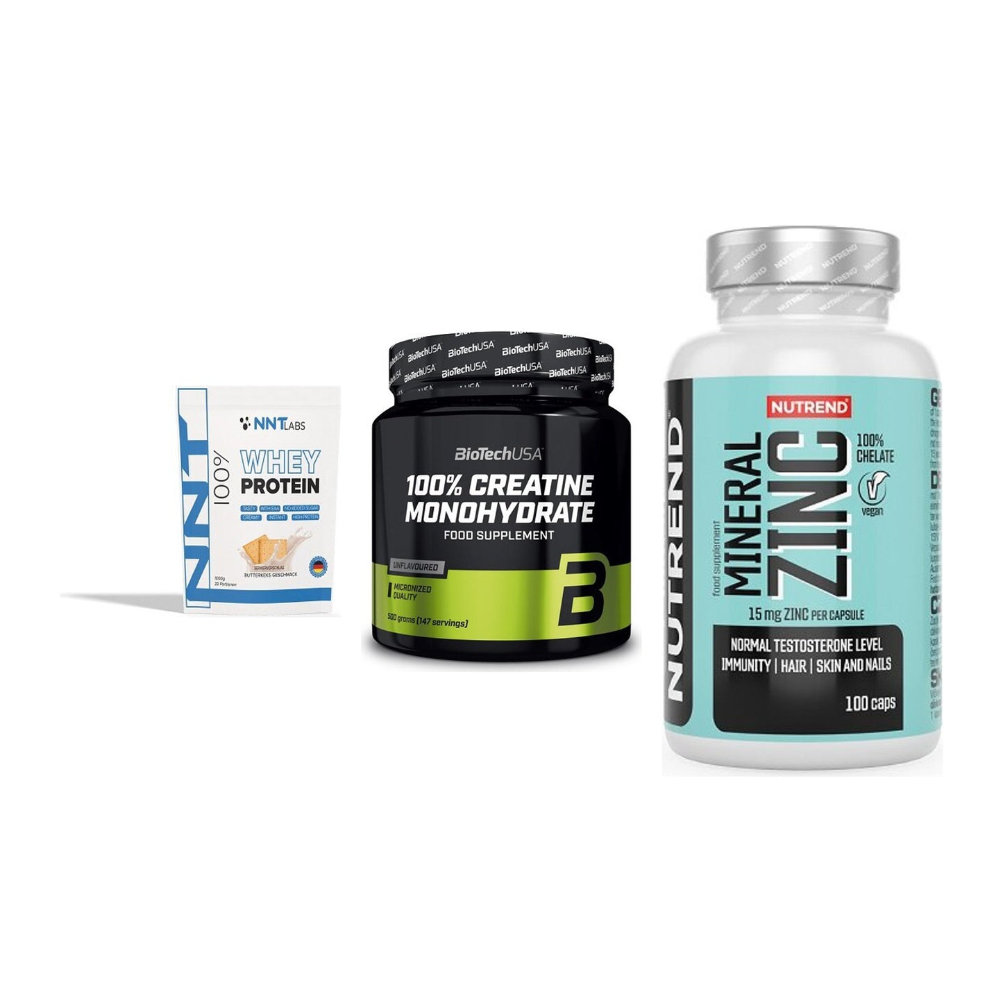 Einsteiger-Set: NNT Whey + BioTech Creatine + Nutrend Zinc – alle enthaltenen Artikel