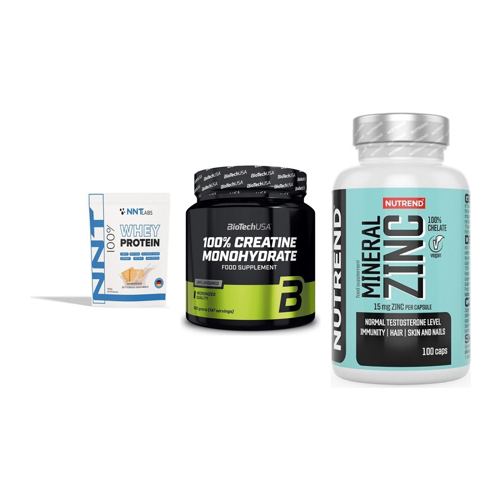 Einsteiger-Set: NNT Whey + BioTech Creatine + Nutrend Zinc – alle enthaltenen Artikel
