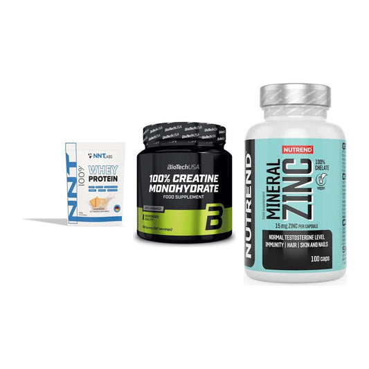 Einsteiger-Set: NNT Whey + BioTech Creatine + Nutrend Zinc – alle enthaltenen Artikel