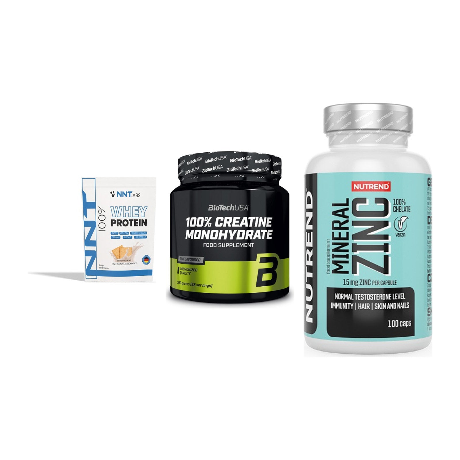 Einsteiger-Set: NNT Whey + BioTech Creatine + Nutrend Zinc – alle enthaltenen Artikel