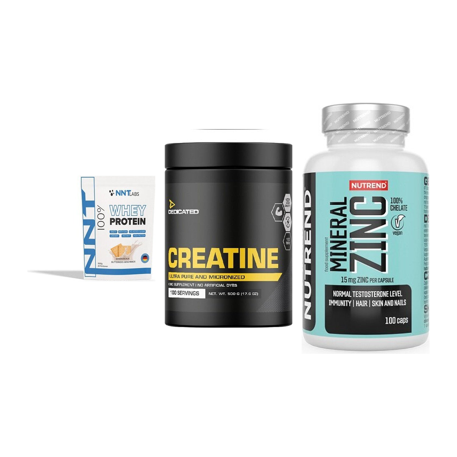 Einsteiger-Set: NNT Whey + Dedicated + Nutrend Zinc – alle enthaltenen Artikel