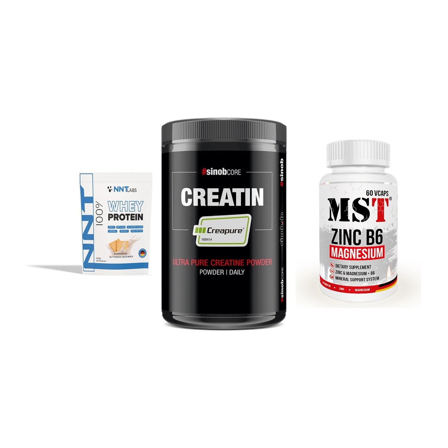 Einsteiger-Set: NNT Whey + Sinob Creatin + MST Zinc – alle enthaltenen Artikel