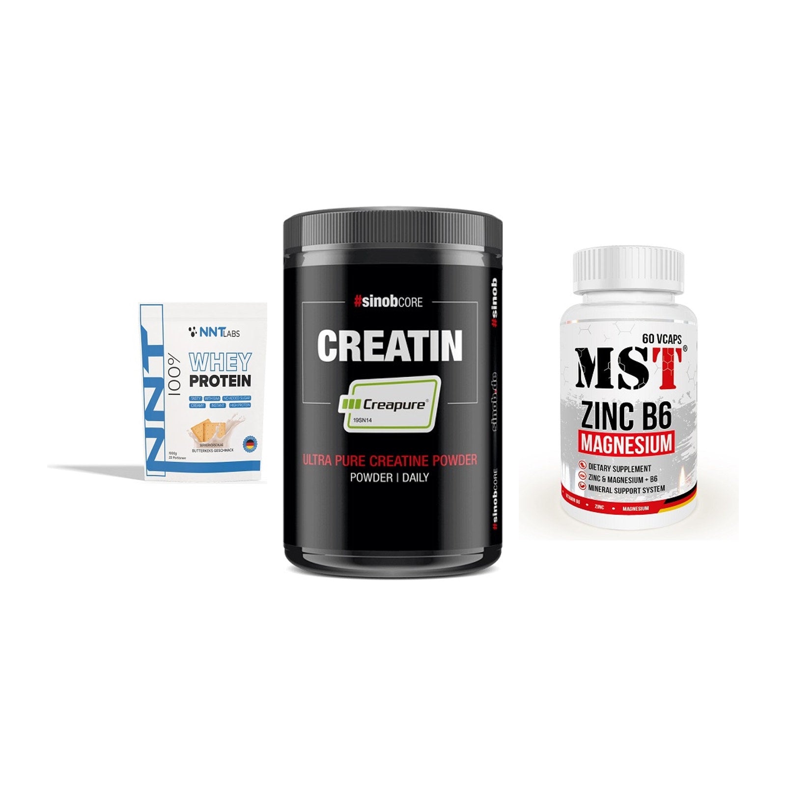 Einsteiger-Set: NNT Whey + Sinob Creatin + MST Zinc – alle enthaltenen Artikel