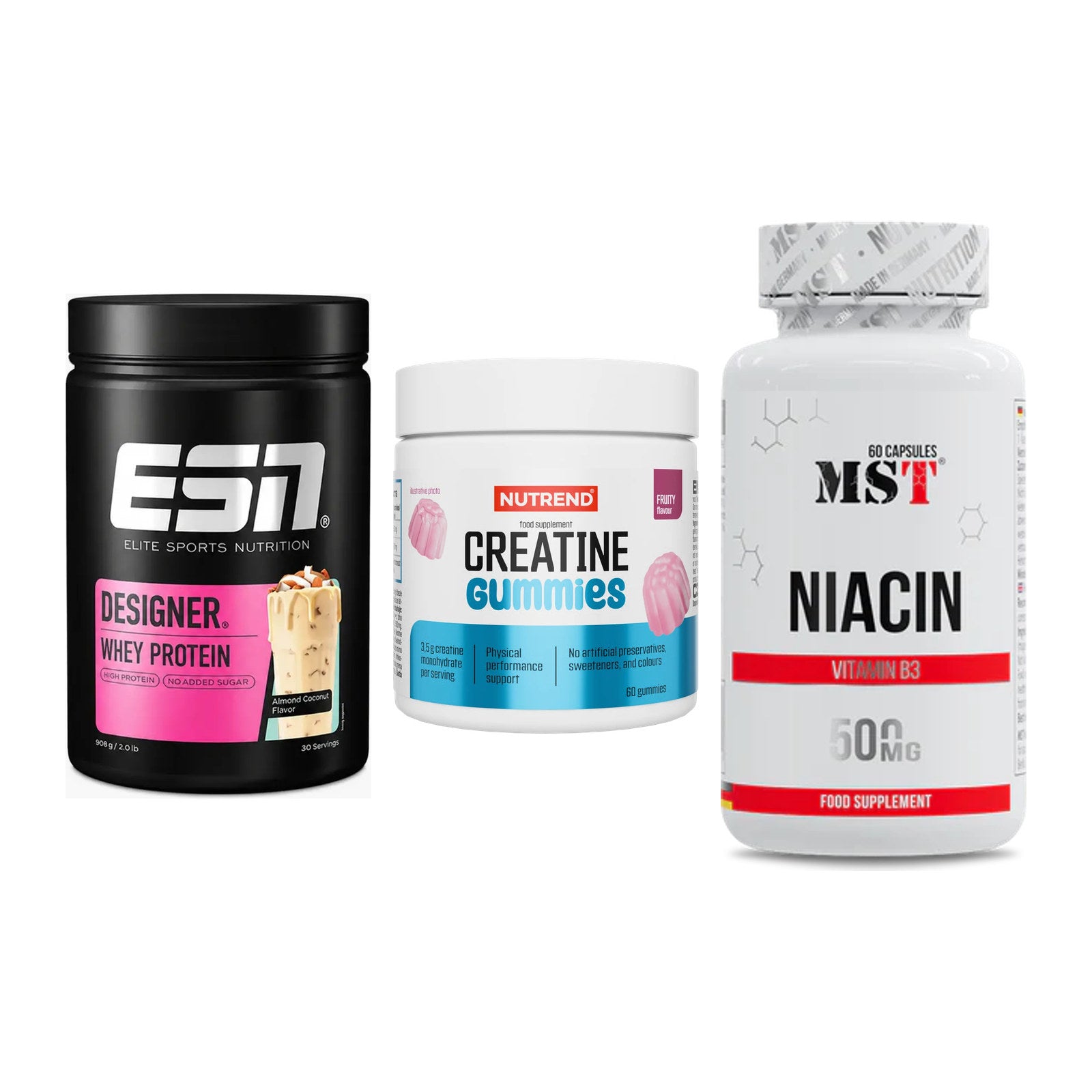 Einsteiger-Set: ESN Designer + Nutrend Creatine + MST Niacin – alle enthaltenen Artikel