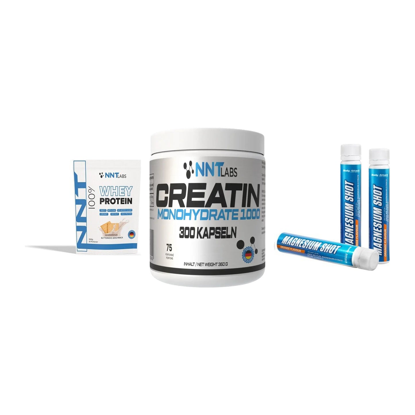 Einsteiger-Set: NNT Whey + NNT Creatin 1000 + Body Attack – alle enthaltenen Artikel