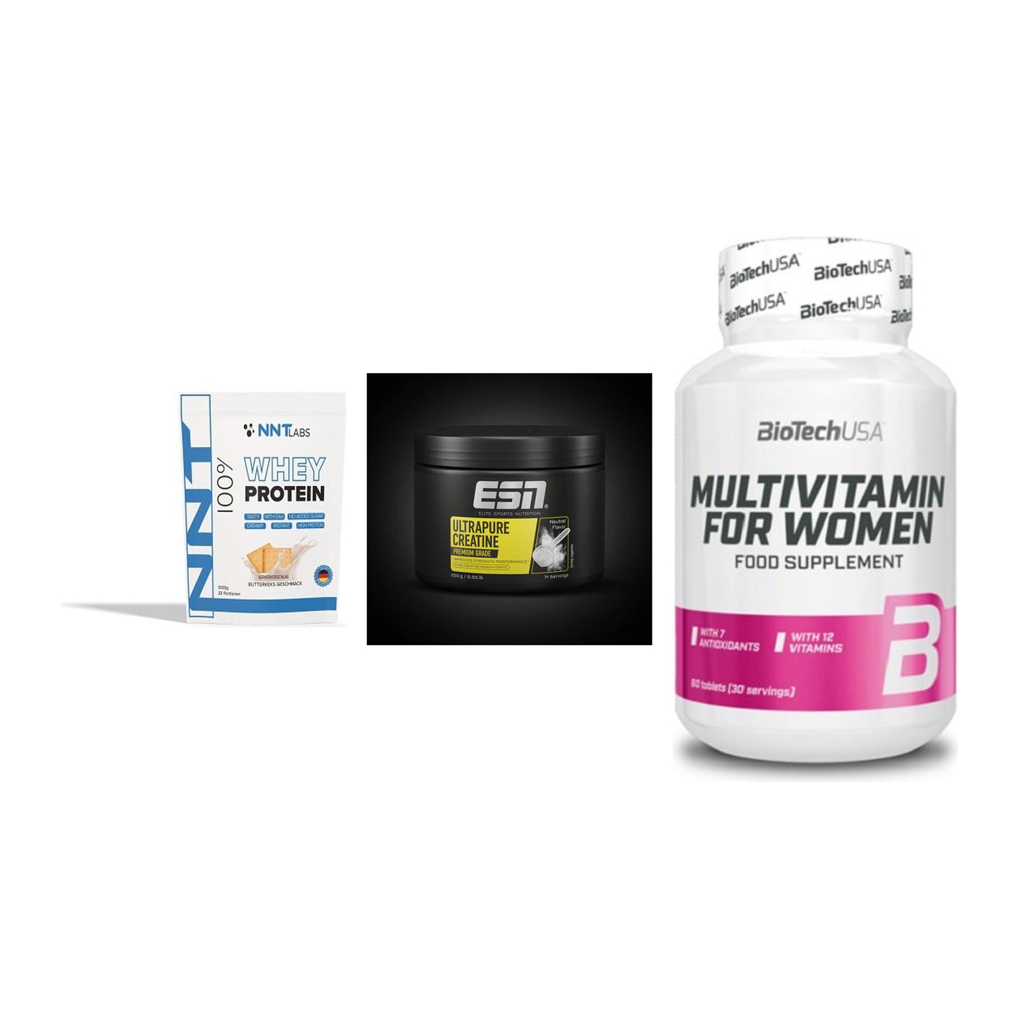 Einsteiger-Set: NNT Whey + ESN Ultrapure + BioTech Multivit – alle enthaltenen Artikel
