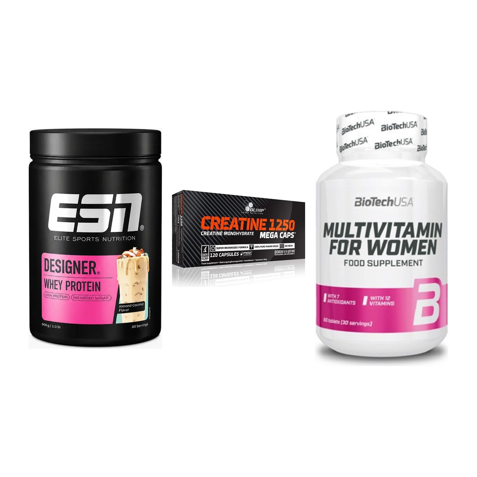 Einsteiger-Set: ESN Designer + Olimp Creatine + BioTech Multivit – alle enthaltenen Artikel