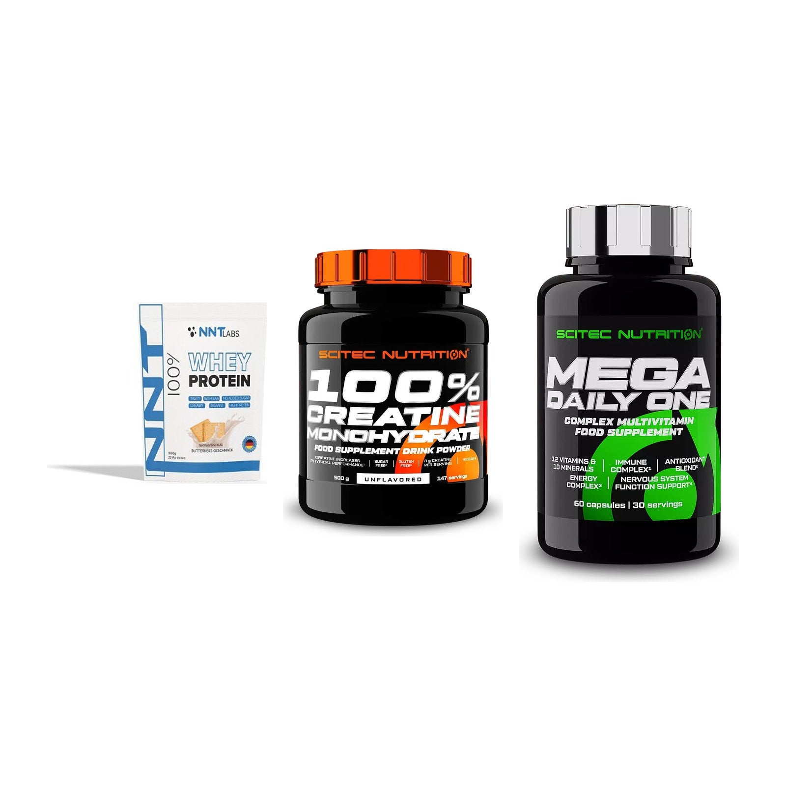 Einsteiger-Set: NNT Whey + Scitec Creatine + Scitec Mega – alle enthaltenen Artikel