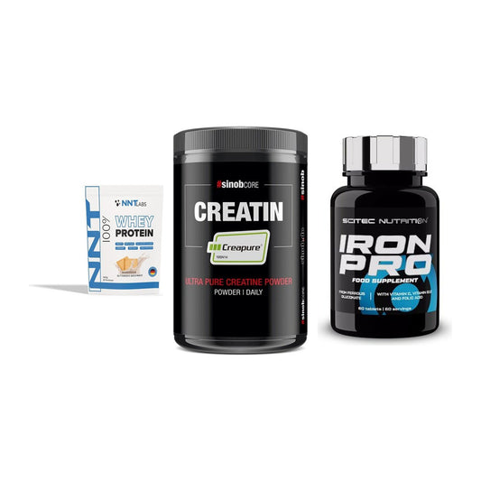 Einsteiger-Set: NNT Whey + Sinob Creatin CREAPURE + Scitec Iron Pro – alle enthaltenen Artikel