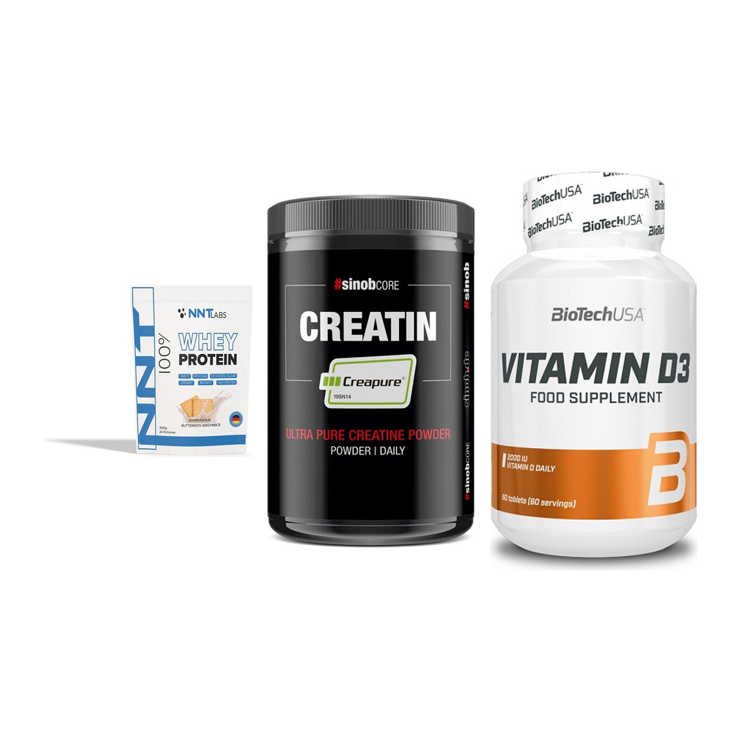 Einsteiger-Set: NNT Whey + Sinob Creatin CREAPURE + BioTech Vitamin D3 – alle enthaltenen Artikel