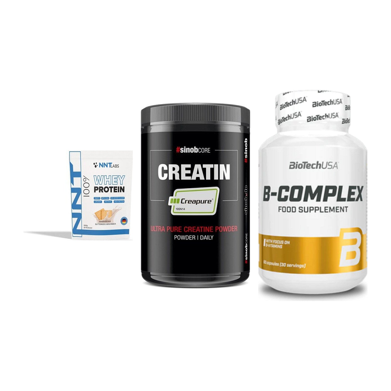 Einsteiger-Set: NNT Whey + Sinob Creatin + BioTech B – alle enthaltenen Artikel