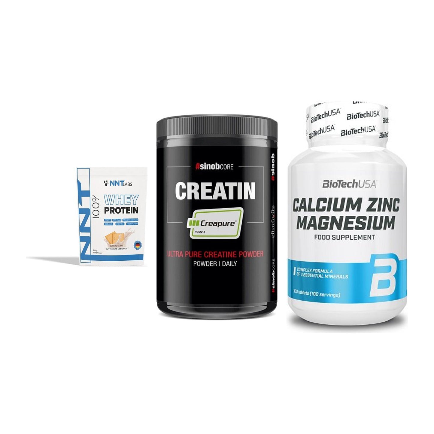 Einsteiger-Set: NNT Whey + Sinob Creatin + BioTech Calcium – alle enthaltenen Artikel