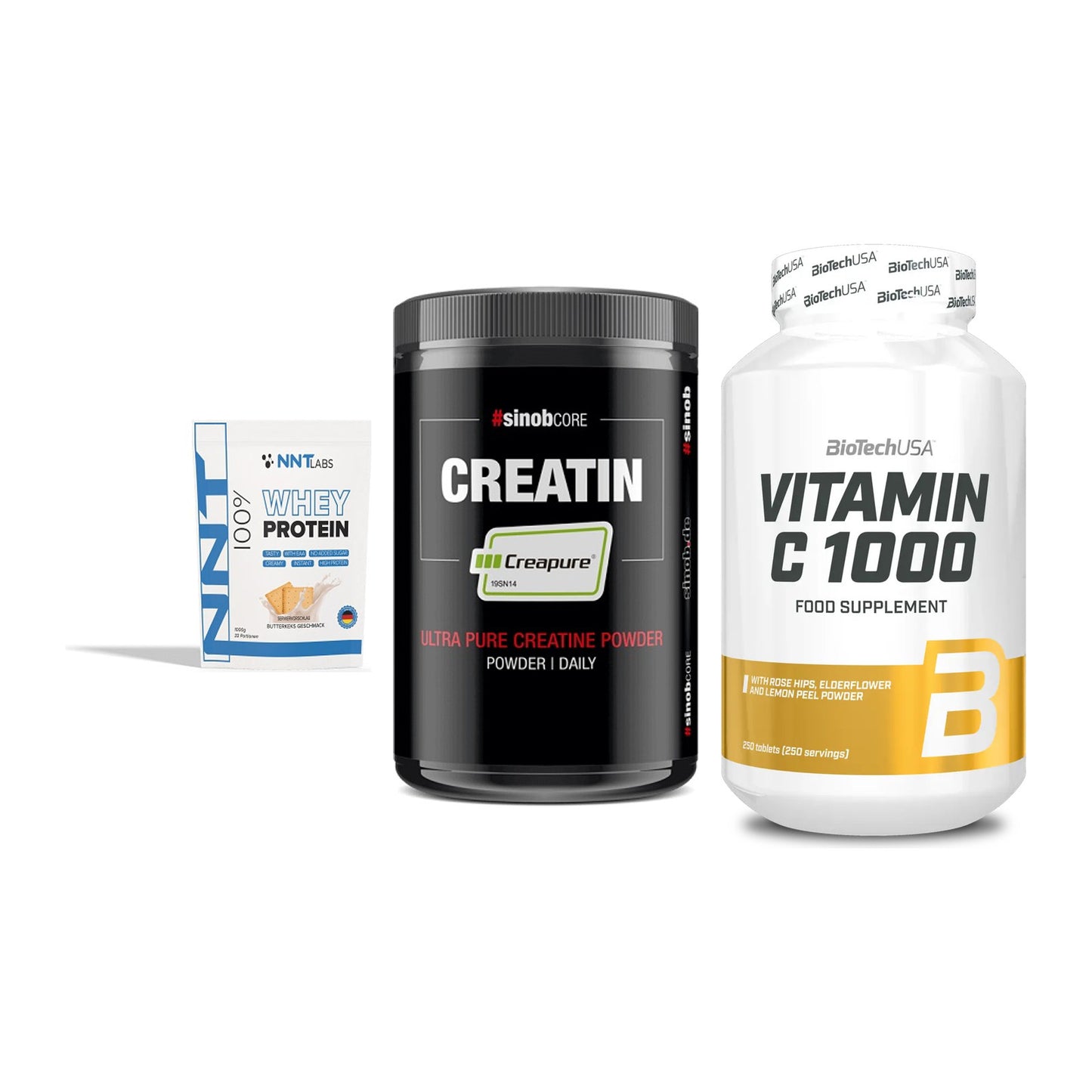 Einsteiger-Set: NNT Whey + Sinob Creatin + BioTech Vitamin – alle enthaltenen Artikel