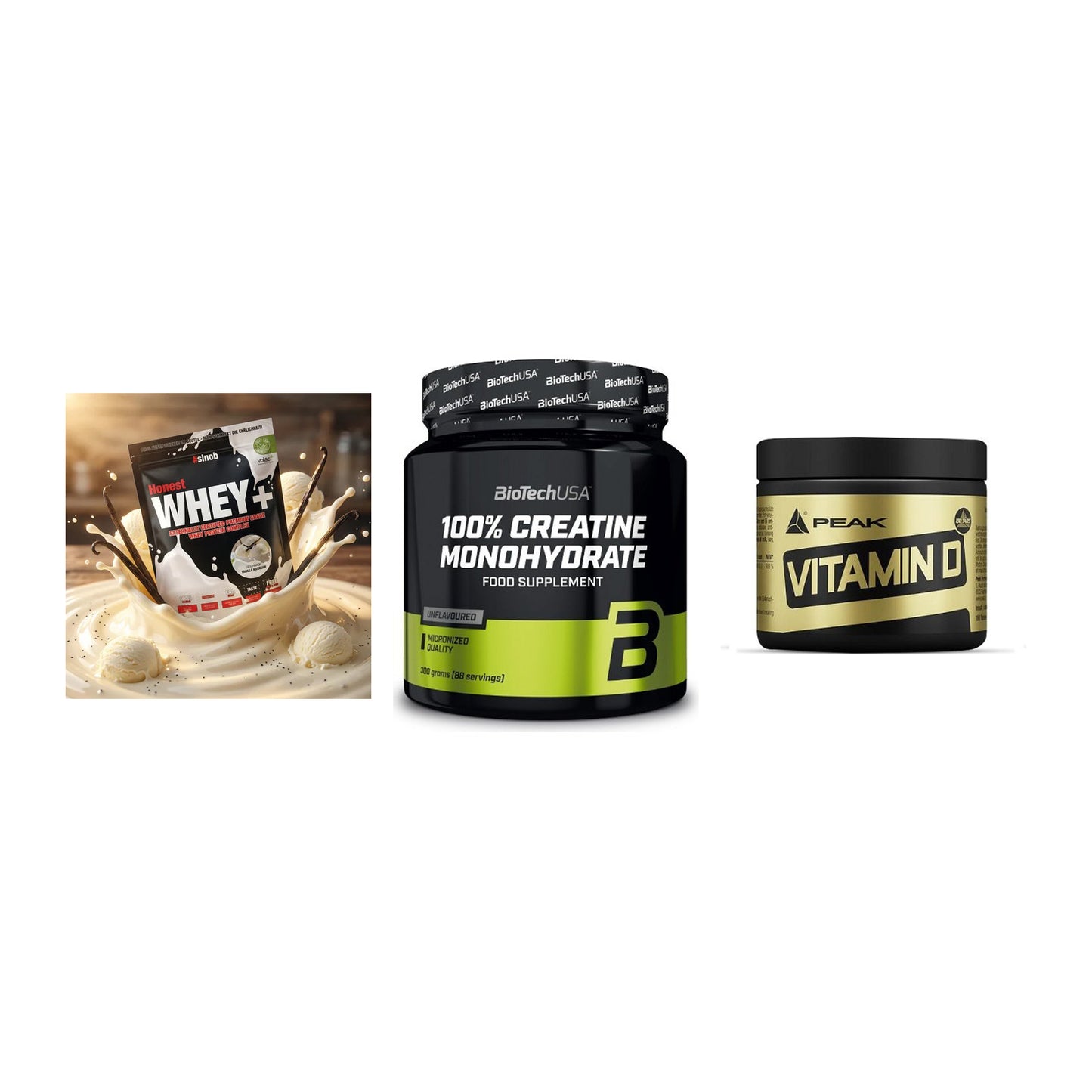 Einsteiger-Set: Sinob Honest + BioTech Creatine + Peak Vitamin D – alle enthaltenen Artikel