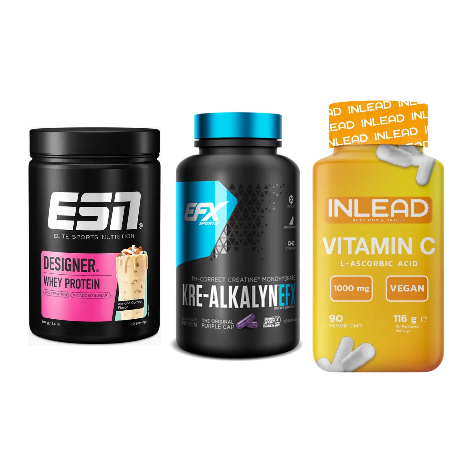 Einsteiger-Set: ESN Designer Whey + EFX Kre-Alkalyn + INLEAD Vitamin C – alle enthaltenen Artikel