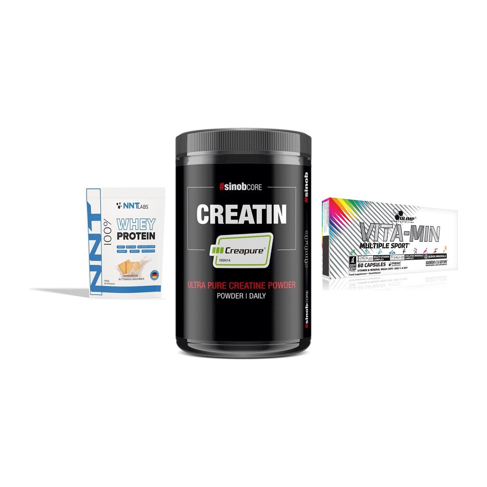 Einsteiger-Set: NNT Whey + Sinob Creatin + Olimp Vita-Min – alle enthaltenen Artikel
