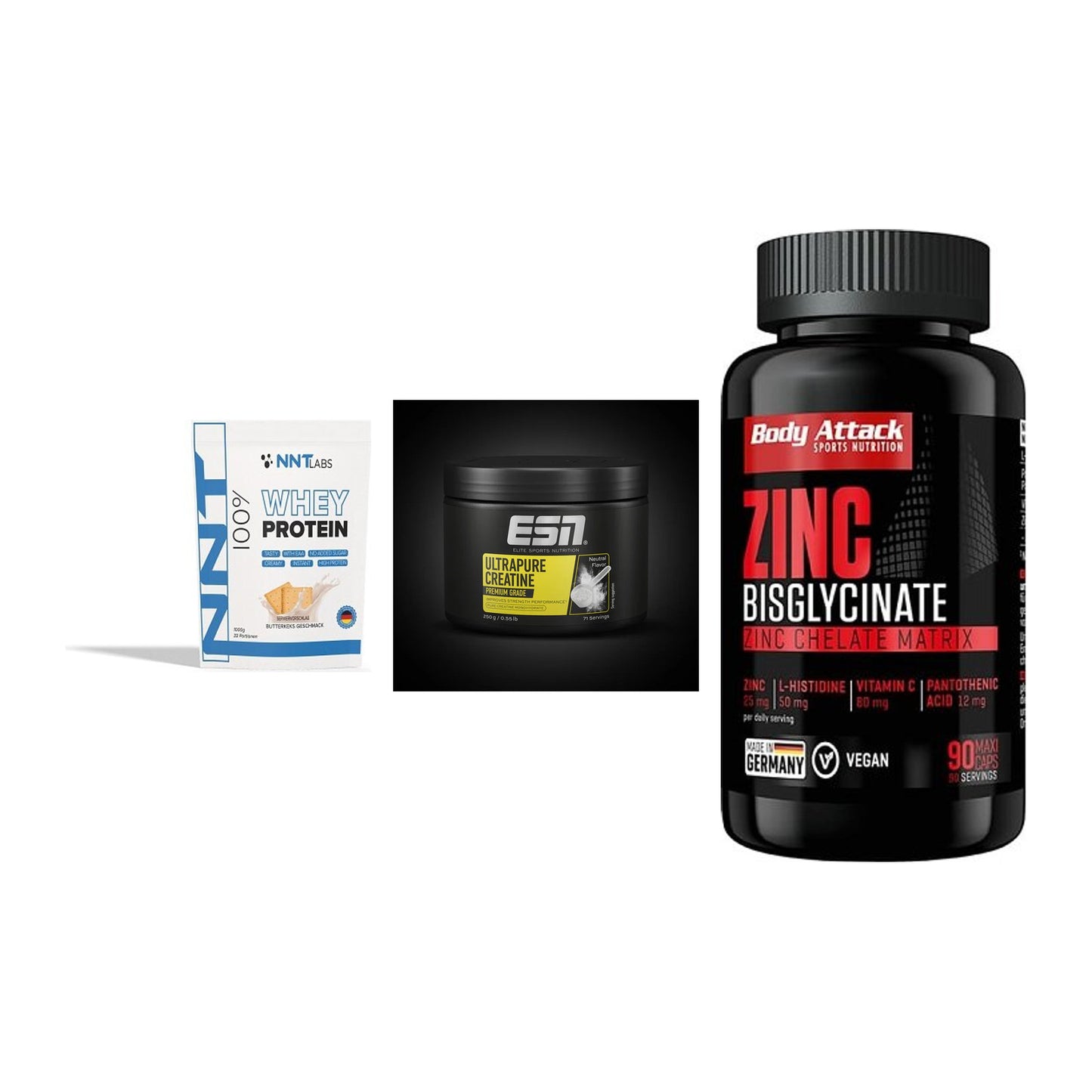 Einsteiger-Set: NNT Whey + ESN Ultrapure + Body Attack Zink – alle enthaltenen Artikel