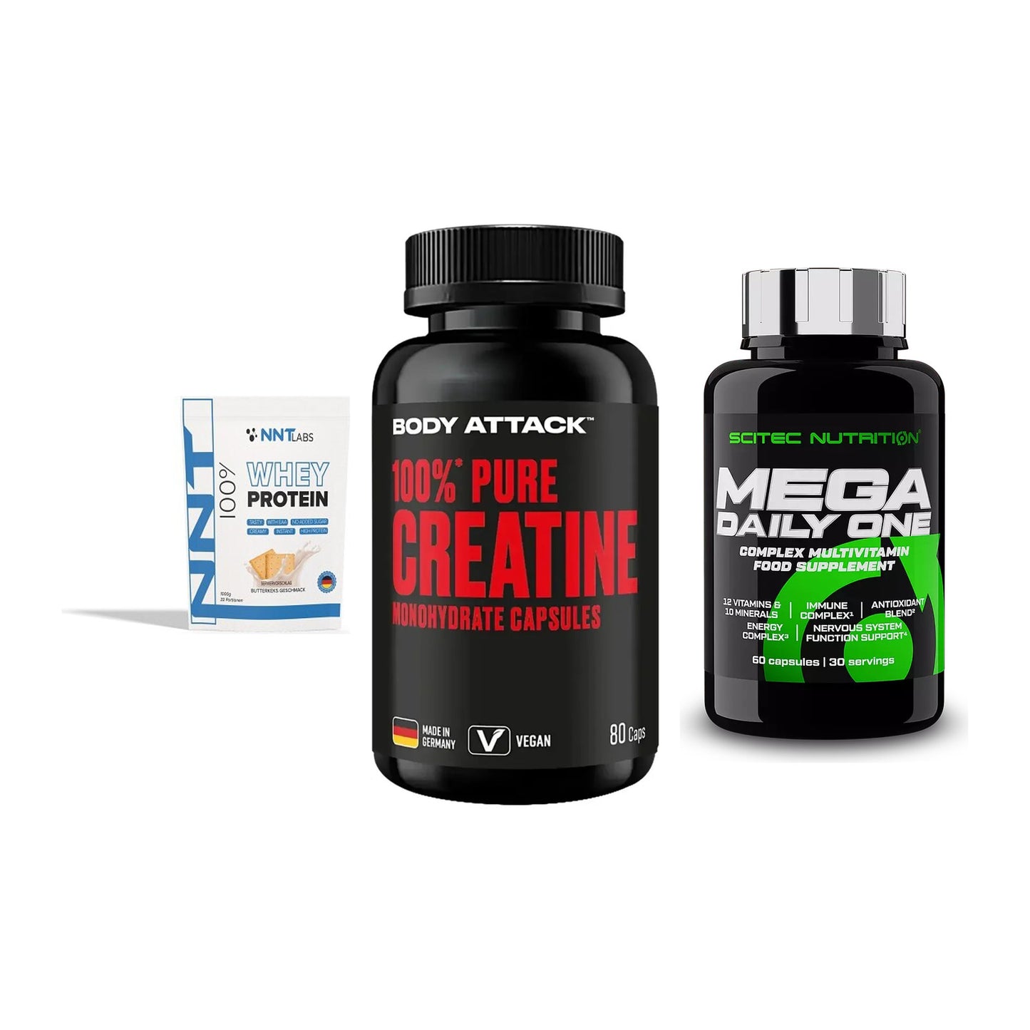 Einsteiger-Set: NNT Whey + Body Attack 100% + Scitec Mega – alle enthaltenen Artikel