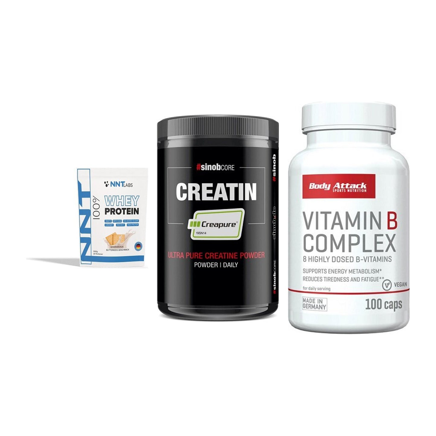 Einsteiger-Set: NNT Whey + Sinob Creatin + Body Attack – alle enthaltenen Artikel