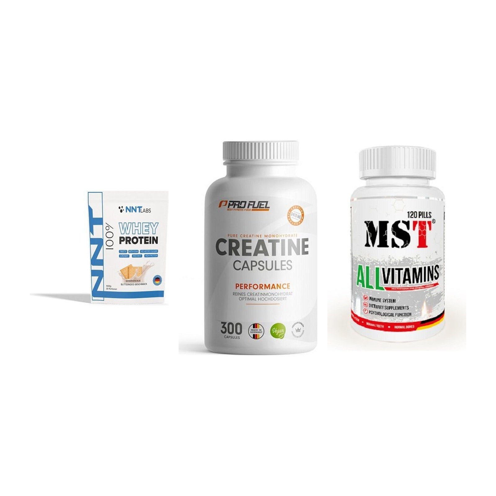 Einsteiger-Set: NNT Whey + ProFuel Creatine + MST All Vitamins – alle enthaltenen Artikel