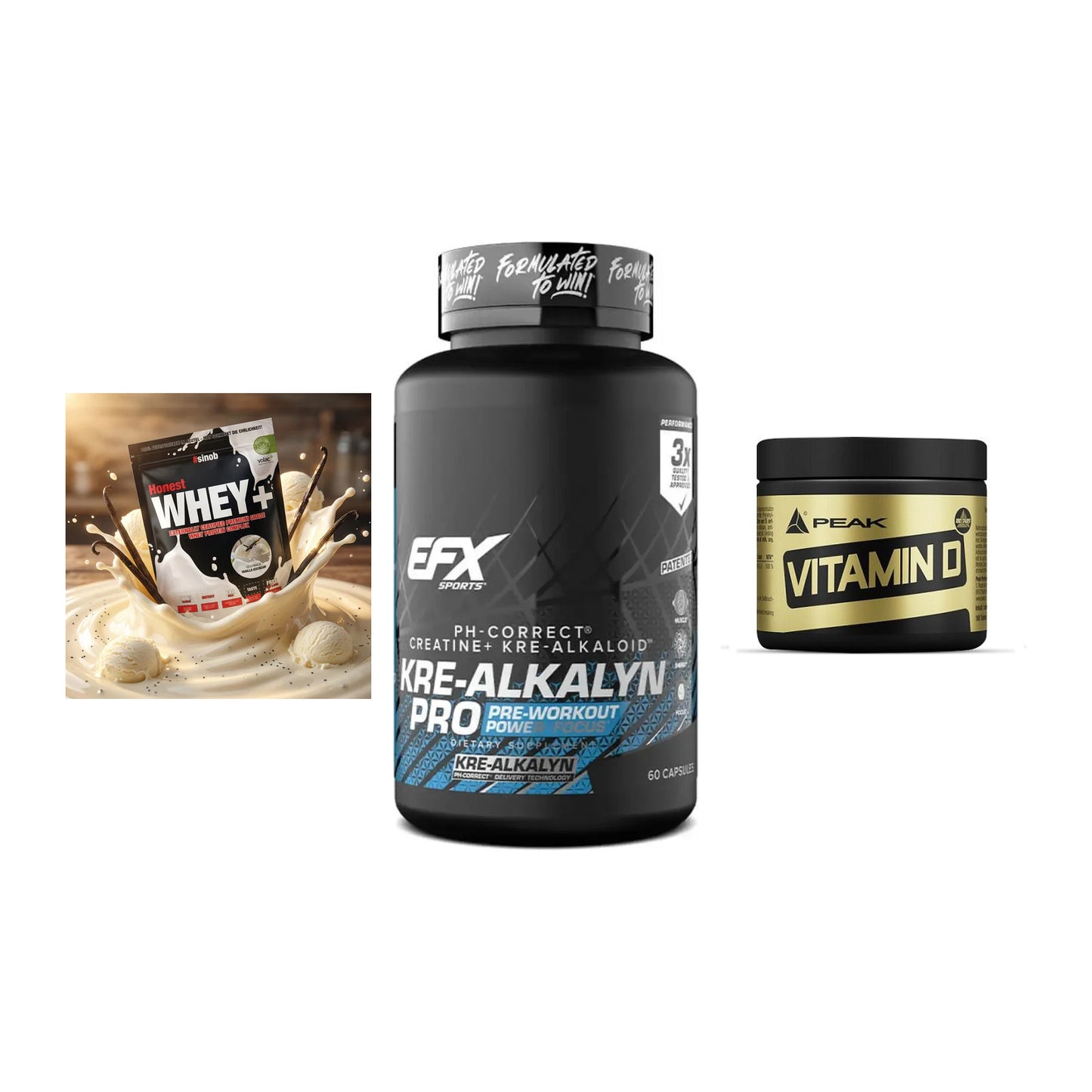Einsteiger-Set: Sinob Honest + EFX Kre-Alkalyn + Peak Vitamin D – alle enthaltenen Artikel
