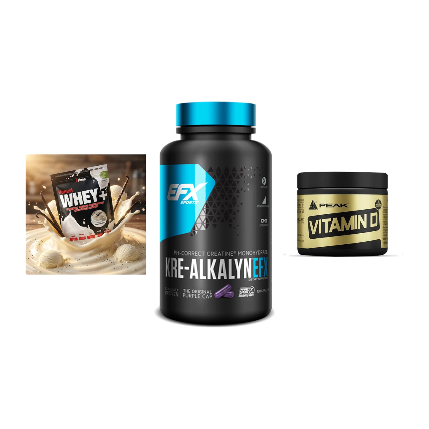Einsteiger-Set: Sinob Honest + EFX Kre-Alkalyn + Peak Vitamin D – alle enthaltenen Artikel