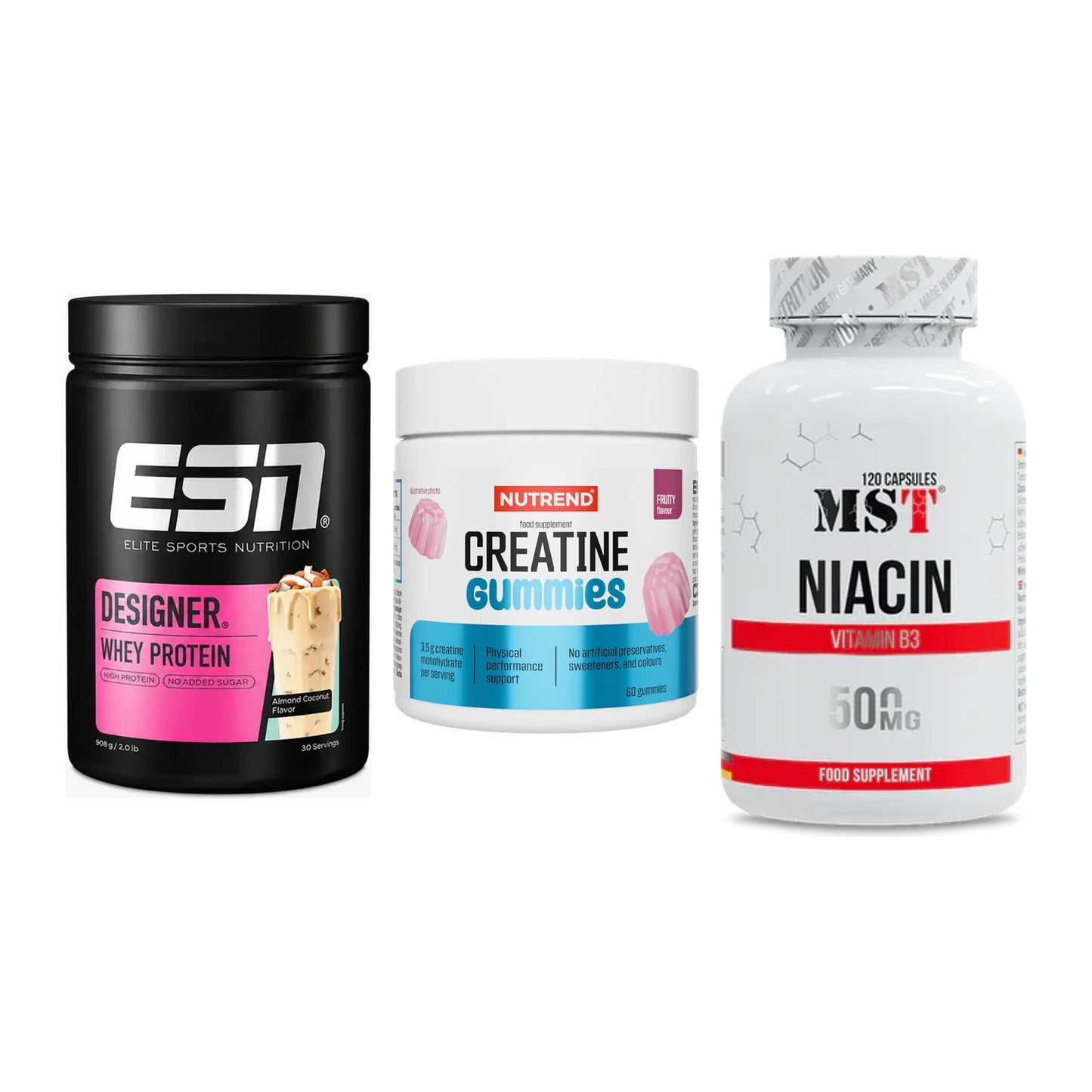 Einsteiger-Set: ESN Designer + Nutrend Creatine + MST Niacin – alle enthaltenen Artikel