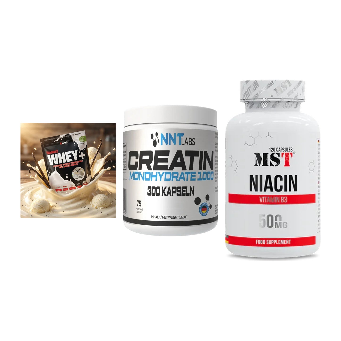 Einsteiger-Set: Sinob Honest Whey+ + NNT Creatin 1000 mg + MST Niacin – alle enthaltenen Artikel