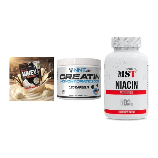 Einsteiger-Set: Sinob Honest Whey+ + NNT Creatin 1000 mg + MST Niacin – alle enthaltenen Artikel