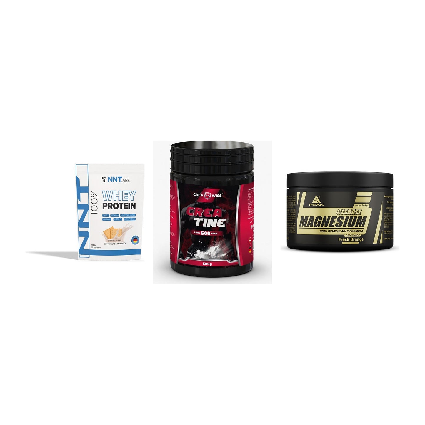 Einsteiger-Set: NNT Whey + CREASWISS + Peak Magnesium – alle enthaltenen Artikel