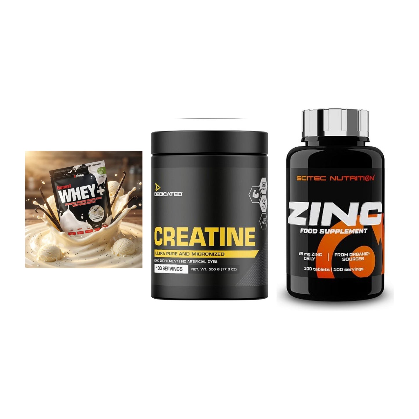 Einsteiger-Set: Sinob Honest Whey+ + Dedicated Creatine + Scitec Zinc – alle enthaltenen Artikel