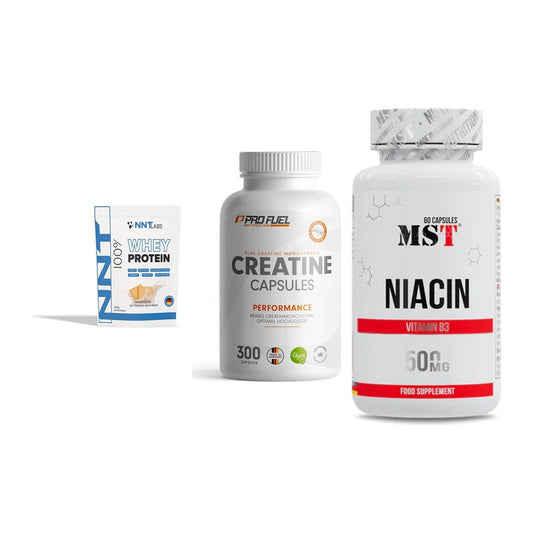 Einsteiger-Set: NNT Whey + ProFuel Creatine Monohydrate + MST Niacin – alle enthaltenen Artikel