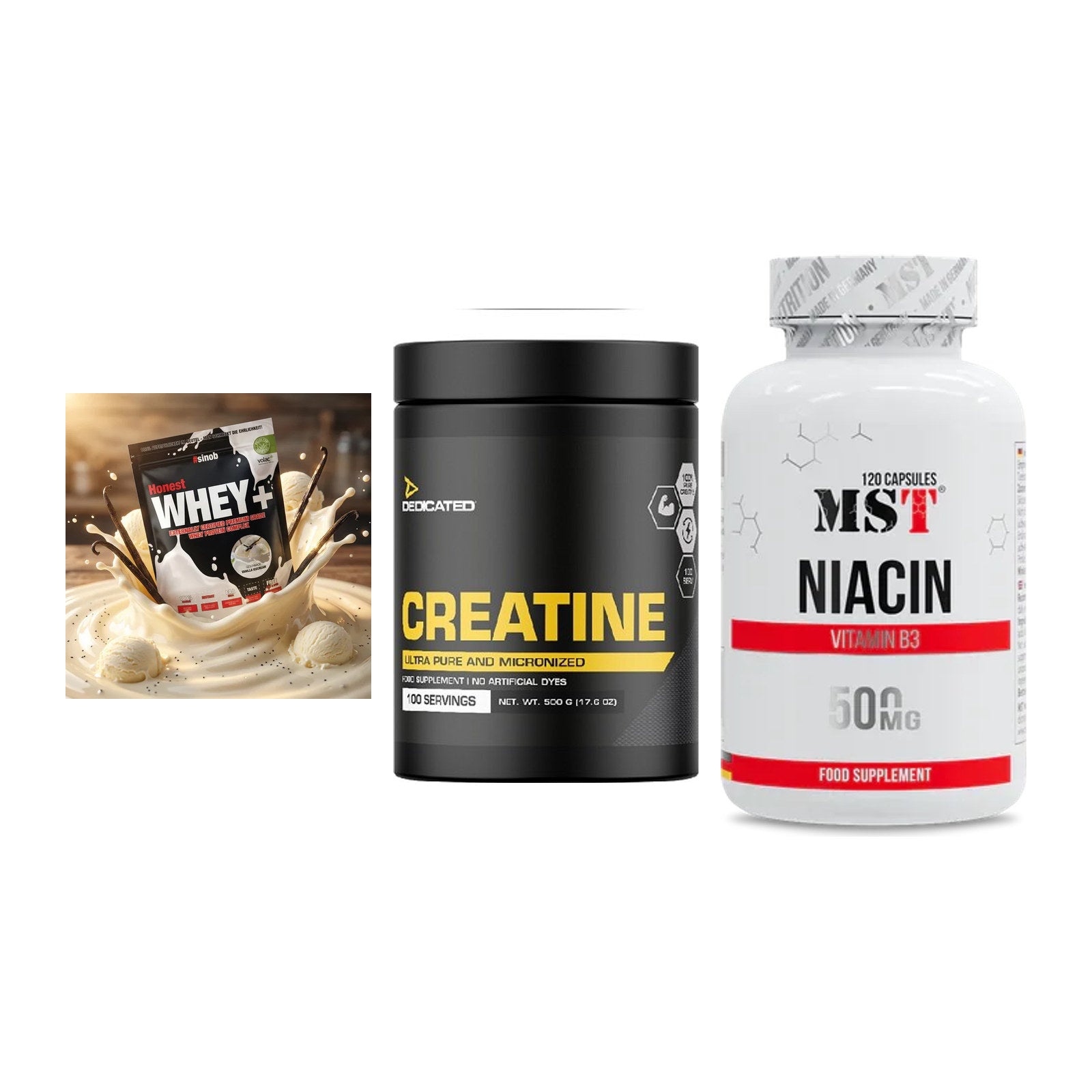 Einsteiger-Set: Sinob Honest Whey+ + Dedicated Creatine + MST Niacin – alle enthaltenen Artikel